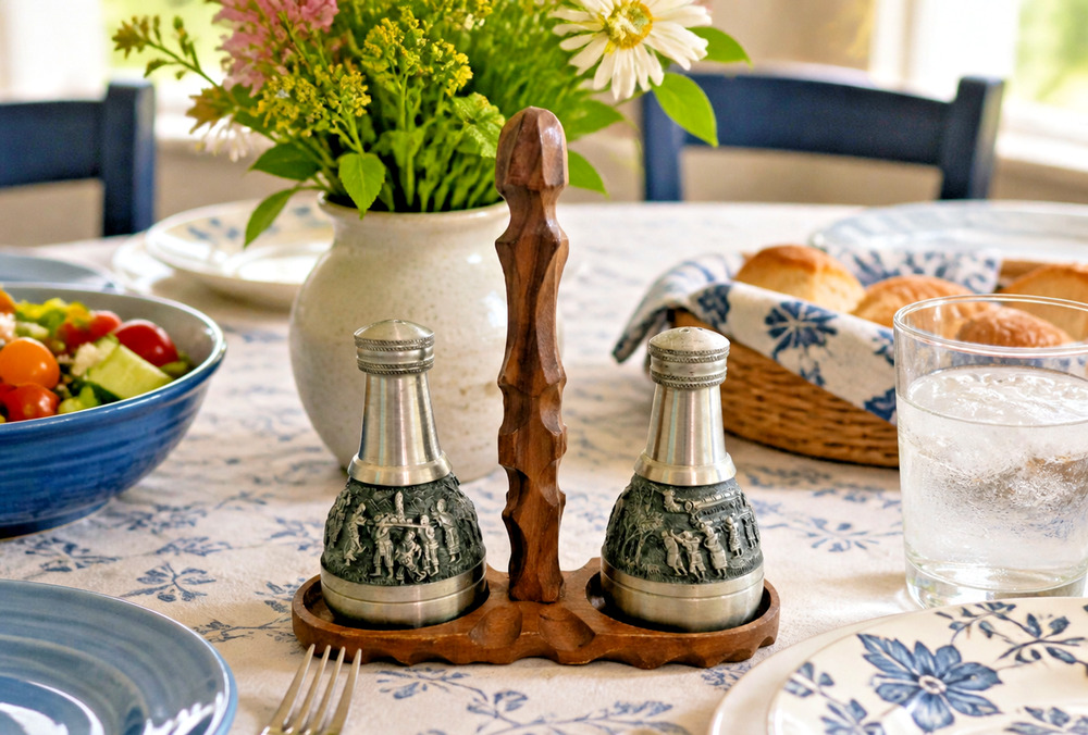 Vintage Thai intricate work traditional Thai village scene salt pepper shakers